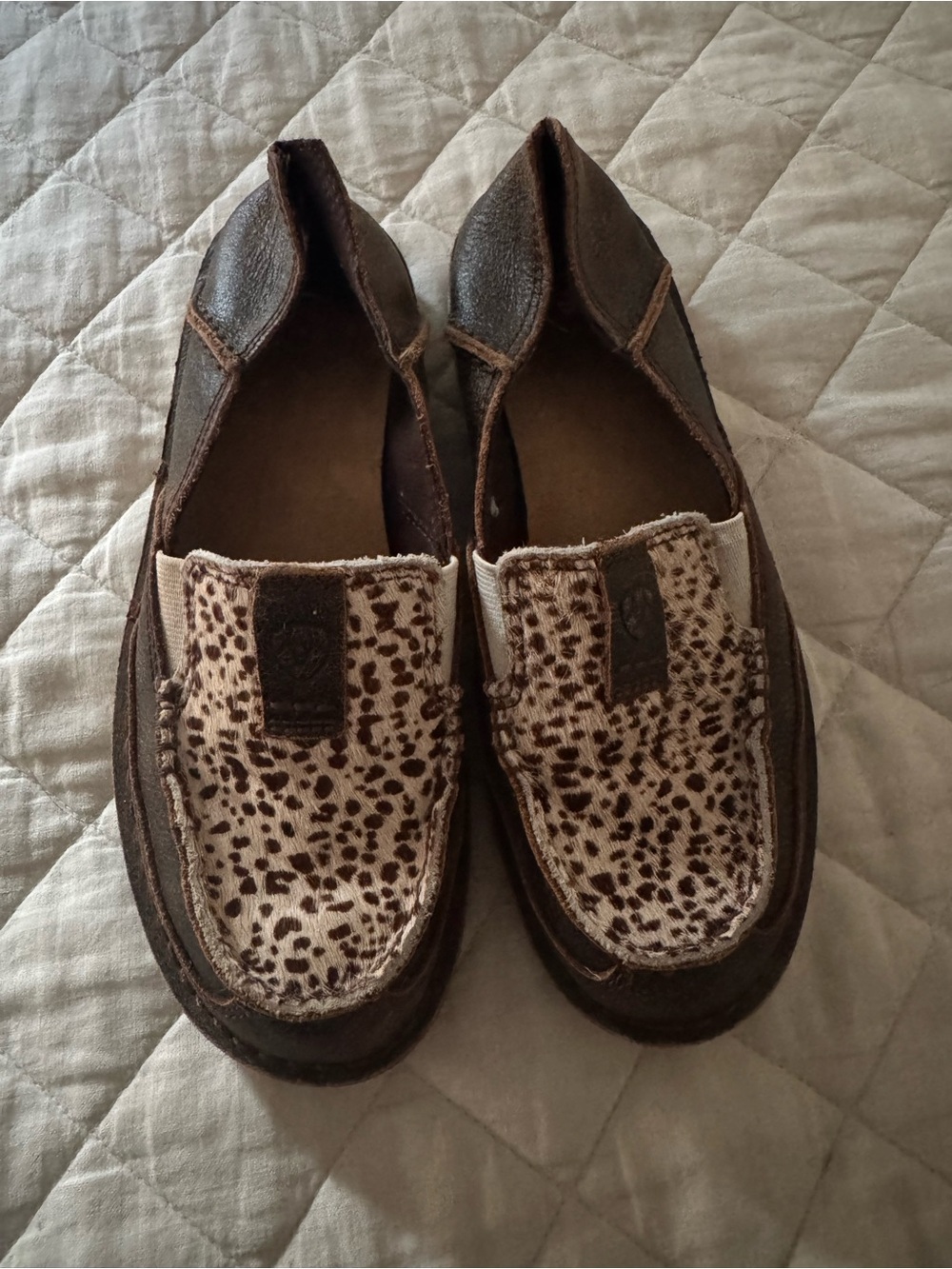 Ariat Brown Slip-On Moccasins with Cream Leopard Print